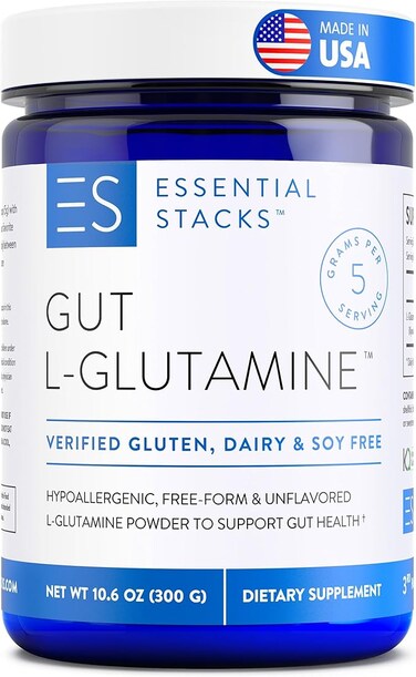 Essential Stacks Gut L-Glutamine Powder - Made in USA - Pure L Glutamine Powder for Leaky Gut, Bloating &amp; Gut Health - Dairy, Soy &amp; Gluten Free, Non-GMO, Vegan Glutamine Supplement