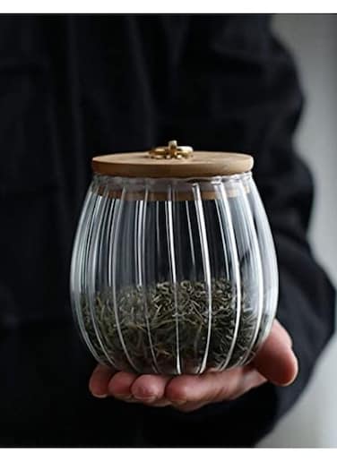 Borosilicate Glass Storage Jar With Airtight Bamboo Lid and Metal Handle, Petal Decorative Container, To Store Tea, Coffee Beans, Candy, Spices, Biscuits 700 ML (Oval)&hellip;