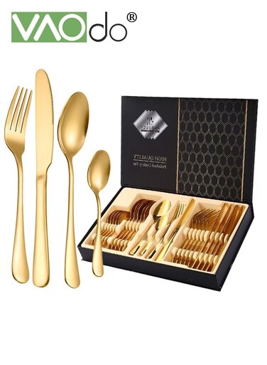 24 PCS Silverware Set Service for 6 Premium Stainless Steel Flatware Set Mirror Polished Cutlery Utensil Set Durable Home Kitchen Eating Tableware Set Include Fork Knife Spoon Set Dishwasher Safe Gold