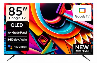 تلفزيون فيديكون الذكي 85 بوصة 4K QLED بنظام Google TV الرسمي مع ريموت صوتي “Hey Google”، لوحة A+ Grade، Dolby Audio، Chromecast مدمج، وBluetooth – موديل E85QLGT1100 تلفزيون Ultra HD ذكي 85 بوصة

