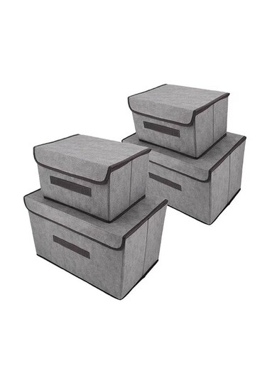Pack Of 4 Foldable Storage Box With Lid Grey 36x23x24cm