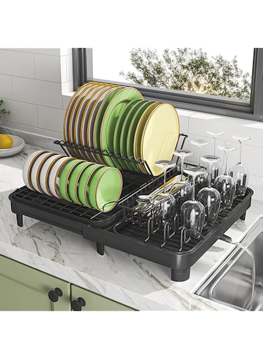 Belvery Dish Drying Stand, Expandable Dish Drying Rack with Drainer, Cup Holder, Utensil Holder, Large Capacity, Baking Paint Process Coatings for Kitchen Counter, Black