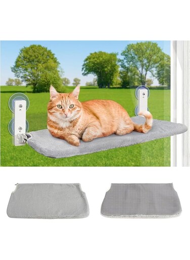 Kameety Cat Window Hammock Perch Cordless Perches Window Sill Seat Bed Foldable Stable Lounger Upgraded Suction Cup Easy Assembly Indoor Cats Kitty Shelf Hold Up to 55lbs (Grey, 52&times;30cm)