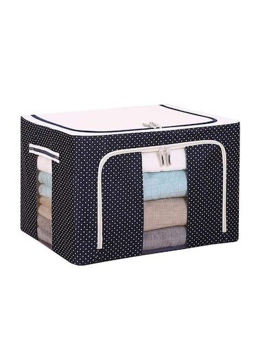 1Pc Stackable Storage Box Polka Dots Oxford Cloth Steel Frame Shelf Quilt Clothing Blanket Pillow Shoe Holder Container Organizer See-through Window double zipper Folding - Dark Blue (66L)
