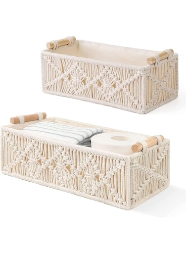 EETU 2 Pack Storage Baskets Boho Decor Box Handmade Woven Decorative Countertop Toilet Tank Shelf Cabinet Organizer for Bedroom Livingroom Home (Ivory)
