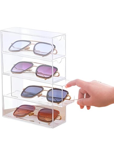Beauenty Sunglasses Case Storage Box with 4 Clear Divided Drawers,Stackable Sunglasses Organizer,Acrylic Makeup Display Organizer for Sunglasses/Eye Glass/Jewelry/Cosmetic/Watch/Eyeshadow