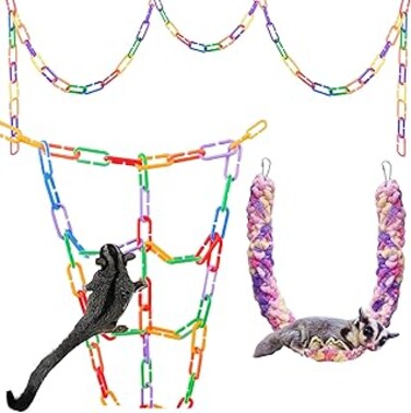 JSLZF Sugar Glider Toys, Hanging Sugar Glider Cage Accessories Pet Swing Toy, 250 PCS Plastic C Clips Hook Chain Links Toy Rope Perch