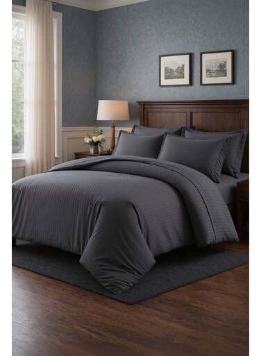 Cotton Luxury Striped Dark Gray Duvet Cover Set 6 Pieces King Size 220&Atilde;&mdash;240 cm &acirc;&euro;&ldquo; Ultra Soft Microfiber Bedding Set with Fitted Sheet 180&Atilde;&mdash;200 cm &amp; 4 Pillowcases, Breathable, Wrinkle Resistant, Hotel Quality