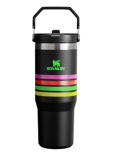 IceFlow 30oz Stainless Steel Tumbler with Leak-Resistant Flip Straw - Vacuum Insulated Water Bottle for Home, Office, or Car, Keeps Drinks Cold for 12 Hours or Iced for 2 Days, Neon Multi