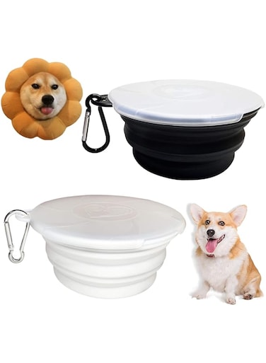 Holahoney 2pcs Collapsible Dog Bowls, Silicone Portable &amp; Foldable Pet Travel Water Food Bowls with Lids &amp; Carabiners for Cats Dogs and Small Animals Indoor &amp; Outdoor Activities (Small, Black+White)