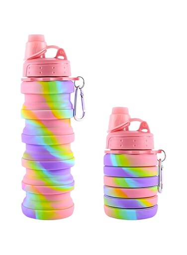 Collapsible Folding Water Bottles for Kids, Students, Adults, Reusable BPA Free Silicone Foldable Sports Water Bottles for Travel Camping Hiking, Pink