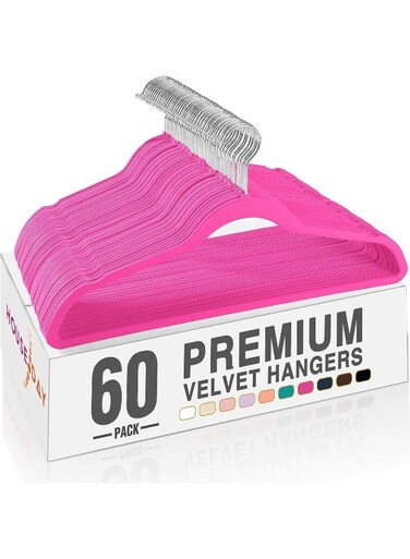 DAY 60 Pack Hot Pink Hangers &acirc;&euro;&ldquo; 45cm Slim Velvet Clothes Hangers &acirc;&euro;&ldquo; Non-Slip No-Mark Felt Hangers for Suits, Coats &amp; Dresses
