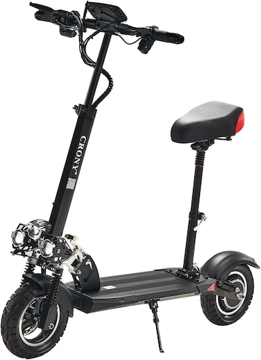 Crony V10 Big LCD Display Electric Scooter With Seat, 1200W Motor, 40-55Km/H Speed, 120Kg Max Load, Front/Rear Shock Absorber And Brake System, LED Base Light, Turn Signal, Triple LED Lights, Black