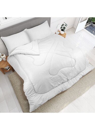 Linen Klub Down Alternative Comforter Set -Ultra Soft Brushed Stripe Microfiber Fabric, 200GSM Soft Fibersheet Filling, Size :Single 160 x 200cm , Color: White
