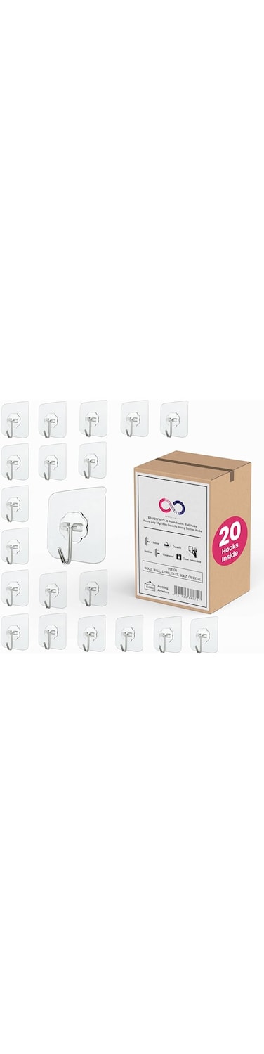 Brandsfinity 20pcs Adhesive Wall Hooks for Hanging, Heavy Duty Sticky Hooks for Wall, No Drill Transparent Self Adhesive Hooks, Holds 8kg