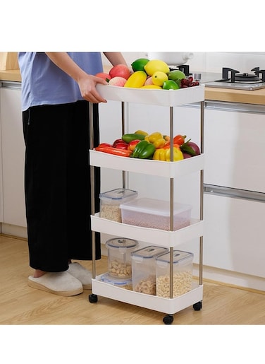 Multi Tier Rolling Trolley Storage Organizer Utility Cart with Hooks &amp; Wheels. Mobile Functional Shelves for Bathroom Kitchen Office and Laundry Room