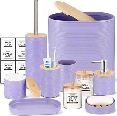 10 Piece Purple Bamboo Plastic Bathroom Accessories Set