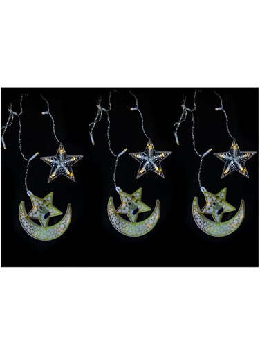 Rosy.Moment 105LED Ramadan Moon-Star Curtain Lights, 3M LED Decorative Night Lights for Ramadan Home Decoration Party-(Warm White) Battery operated