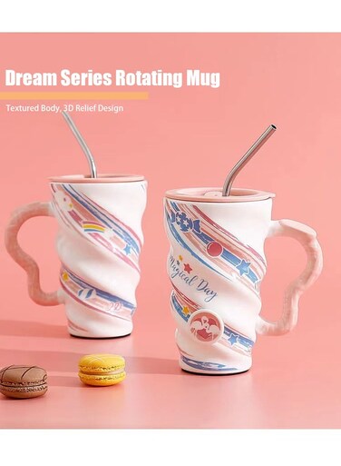 Set w/Lid, Metal Straw - Ceramic Mug with Integrated Tea Bag Rest - Best Friend Coffee Tumbler with Lid and Straw - Reusable Coffee Cup (Mermaid)