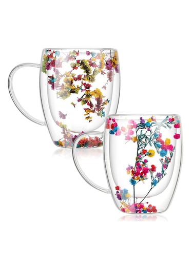 2 Pcs 350 ml Double Wall Glass Coffee Mugs Clear Immortal Flower Coffee Mug with Handle Creative Insulated Heat Resistant Coffee Cups for Tea Cappuccino Espresso Latte