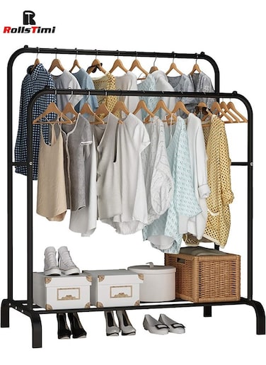 Garment Rack，Freestanding Hanger Double Pole Multi-functional Bedroom Clothing Rack, Black