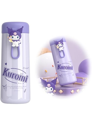 ELECDON 1Pcs Cartoon Water Bottle Kitty Cat Stainless Steel Kawaii Purple Vacuum Cup Insulated Bottle Student Protable Compact Travel Mug with Handle (350ML, 2.59x3x6.88Inches)