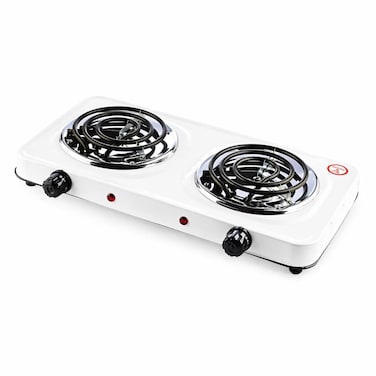 2000W Double Burner Electric Stove - Portable Spiral Coil Hot Plate Countertop Cooktop, White Color

