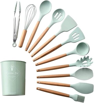 Kitchen Utensils Silicone 11-Pieces Spatula Set with Organizer Cup Holder, Non-Stick Cookware Non-Toxic Cooking Tools Includes Tongs, Spatula, Turner, Ladle, and More