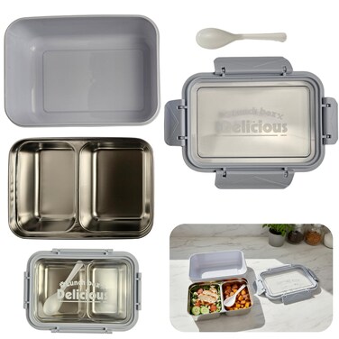 Stainless Steel Lunch Box with Removable Inner Tray, Leak-Resistant Silicone Seal, 2 Compartments, 19 &Atilde;&mdash; 14 &Atilde;&mdash; 5 cm, Rectangular, Light Blue Blush Pink Soft Yellow &acirc;&euro;&ldquo; SOBHYS (Light Blue)