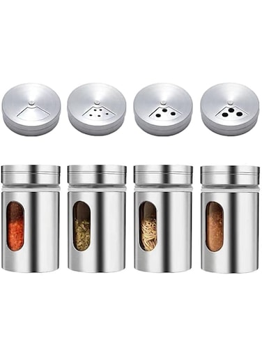 Alybrol Salt and Pepper Shakers Set 3.3oz Portable,Stainless Steel Spice Shakers Seasoning Container for Home 4 Pcs Set with Rotating Lids Spice Jars Shaker Seasoning Cans Set of 4 (4PCS)