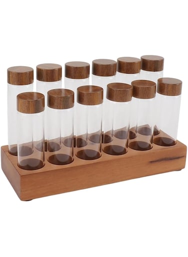 BROLEO Coffee Bean Storage Tubes Single Dose, 6PCS or 12PCS Coffee Bean Cellar, Dosing Glass Vials with Lids, Wooden Display Stand and Funnel, Airtight Sealed Glass Canister Jars Tubes