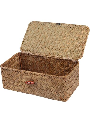 Moosky Wicker Shelf Baskets with Lid,Handwoven Seagrass Basket for Storage Basket Bins Rectangular Home Organizer Gift Boxes (Natural Small)
