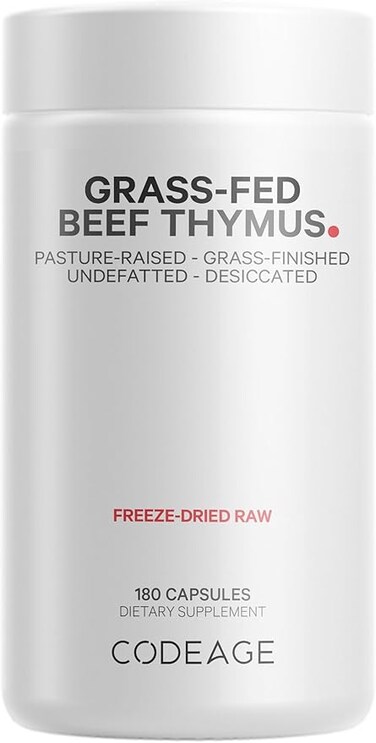 Codeage Grass Fed Beef Thymus Supplement - Freeze Dried, Non-Defatted, Desiccated Beef Thymus &amp; Liver Pills Glandulars Meat &ndash; Pasture Raised Argentina Beef Vitamins for Thymus - Non-GMO -180 Capsules