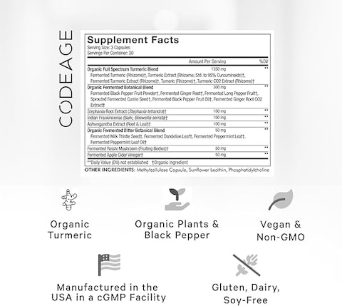 Codeage Fermented Turmeric Supplement, Extra Strength Curcumin Infused with Organic Essential Oil and Digestive Bitters, Joint and Heart Health, 90 Capsules