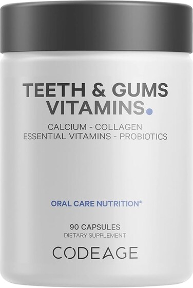 Codeage Teeth &amp; Gums Vitamins + Oral Probiotics Supplement for Mouth - Whole Food Calcium, Collagen, Potassium, Vitamin C, D3, K2, Zinc &ndash; Oral Care &amp; Dental Multivitamin Supplements - 90 Capsules
