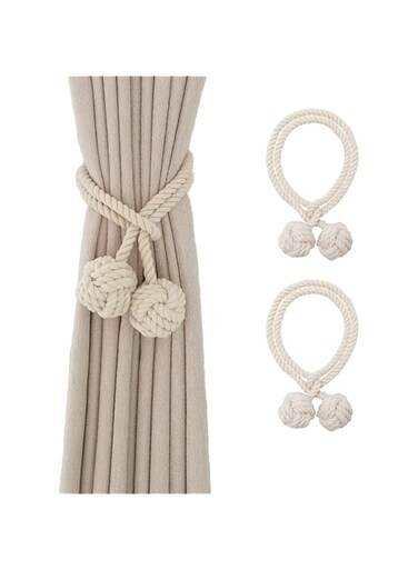 Loloty 2 Pack Curtain Tiebacks, Handmade Natural Cotton Rope Tie Bakes, Decorative Knot Ball Holdbacks for Curtains, Living Room, Office Window Drapery (Two Knots, Beige)&hellip;