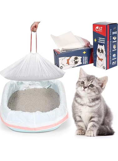 QUEENADA Large Cat Litter Box Bags - 10 Count Litter Box Liners 36'' x 18'' Sturdy HDPE Material, Drawstring Design for Trash Waste Litter Box Tidy