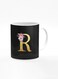 Designer Printed Coffee Mug 11oz Ceramic Personalised Gift Mugs Cup -Custom Monogram Initial Letter Floral Pattern Alphabet - R (Black)