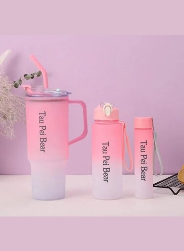 LLC Tumbler and Water Bottle Set - 40oz, 30oz, 20oz Tumbler with Handle and Straw, BPA Free, Leak Proof, Insulated for Travel, Sports, School, Work, Outdoors - 3-Pack Bottle in Pink