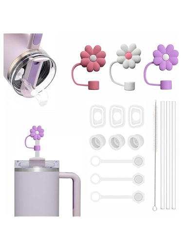 HuLiPaLi Stanley Cup Accessories Set Including 9 Pcs Silicone Spill Proof Stopper,3 Pcs Cute Straw Cover Cap for 9-10 mm Straws, 3Pcs Reusable Straw and 1 Cleaning Brush for Stanley Cup 40oz &amp; 30oz