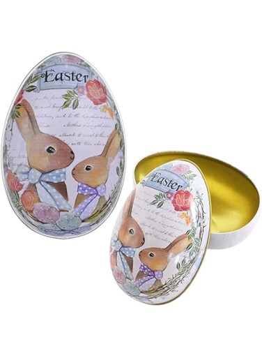 HIGHLAND 2 Pc Easter Eggs Chocolate Fillable Metal Candy Box Easter Egg Hunt Candy Easter Decorations &ndash; Rabbit Bunny Egg Shaped Candy Box Party Supplies Decorations 12.5x8.5x9 CM Easter Gifts for Kids
