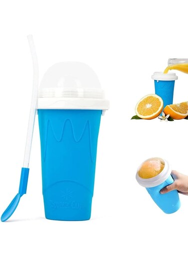 Maker Ice Cup, Reusable Silicone Smoothie Mug with Straw and Lid, Portable Freeze Squeeze Cup for Milkshake Juice Soda, 330ml Summer Slushie Maker for Kids &amp; Adults, Blue