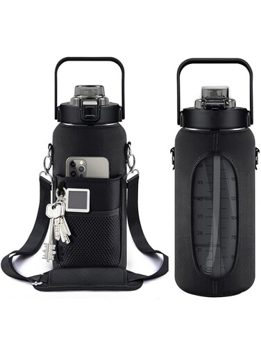 Half Gallon Water Bottle with Sleeve &ndash; 64oz (2L) Inspirational Jug with Straw and Time Markings, Leak-Proof Tritan BPA-Free Bottle, Ideal for Gym and Sports