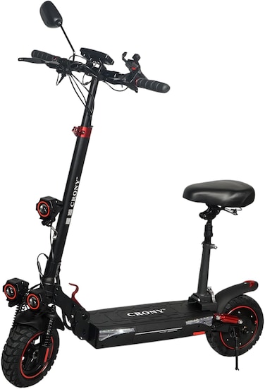 Crony T4 Big LCD Display Electric Scooter With Seat, 2000W Motor, 40-65KM/H Speed, Smart App Control, Triple LED Headlamps &amp; Foldable Design With Smart Lock And Flashing Mode, Front/Rear Suspension