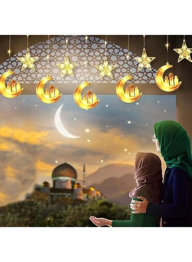 LED Ramadan Fairy Lights, 3.3 m LED Star Moon Curtain Decorative Lights, 8 Flashing Modes, Battery and USB Powered, LED Moon Star Fairy Lights, Eid Mubarak Light LED