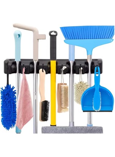 AMERTEER Heavy Duty Mop and Broom Holder Wall Mount - Space Saving Storage Rack for Kitchen, Garden, Bathroom, Garage &amp; Laundry Rooms 5 Position &amp; 6 Hooks