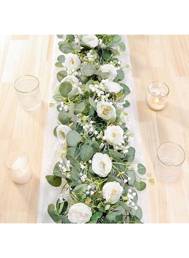 2 Pack 13Ft Artificial Eucalyptus Flower Garland with White Roses, Fake Rose Flower Greenery Garland Floral Vines for Wedding Home Party Table Runner Decor