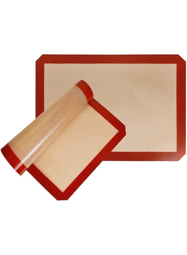 SHOWAY 2 Pack Silicone Baking Mat Reusable Baking Mat Nonstick Heat Resistant Premium Silicone Baking Mat for Cookies, Pizzas, Pretzels and More 42x29.5cm, Red and Tan, BAKMAT01-2PCS, Baking Mats