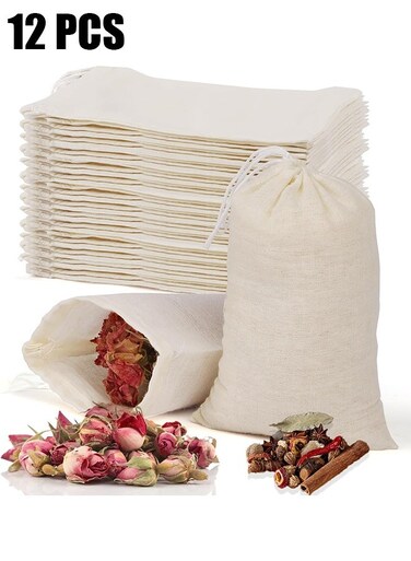 Love 12 Pcs Empty Spice Bags for Cooking Soup, Natural Muslin Drawstring Bag, Reusable Tea Bags for Loose Tea, Small Cheese Cloth Cotton Bag for Straining, Unbleached Cheesecloth Herb Sachet Bag (15*20cm)