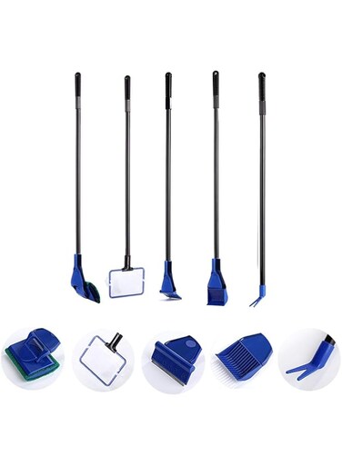 B&amp;K PET Shop Aquarium 5 in 1 Multi-Function Fish Tank Cleaning Tool, Algae Scraper, Fish Net, Sponge, Plant Fork, Gravel Rake for Long Deep Fish Tanks